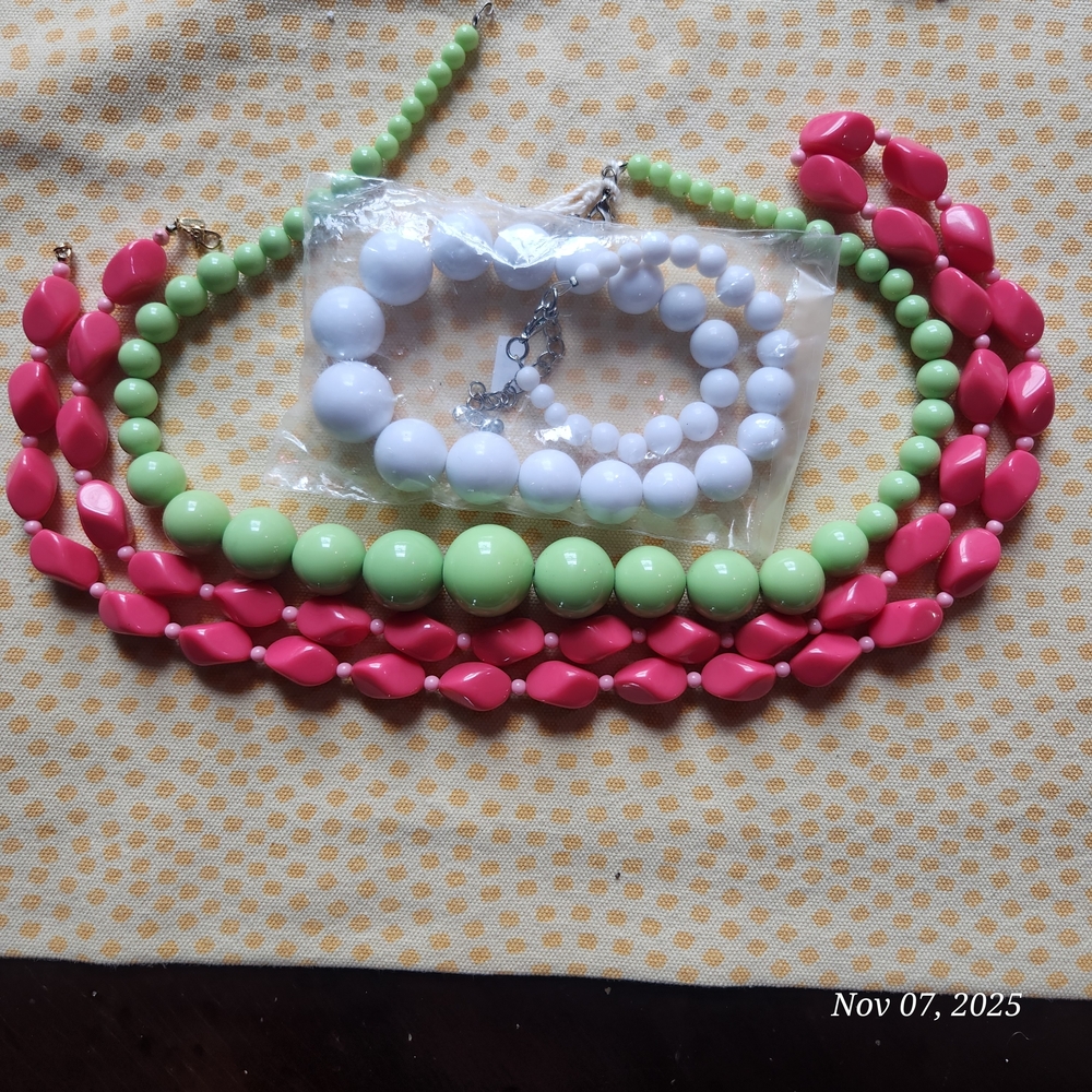 Pink, White and Green Beaded Acrylic Necklace bundle
